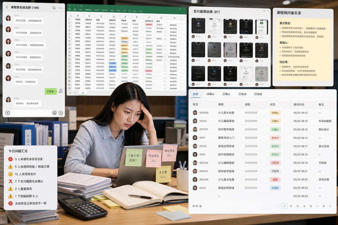 案例示意：培训机构报名信息散在微信群、表格和付款截图里