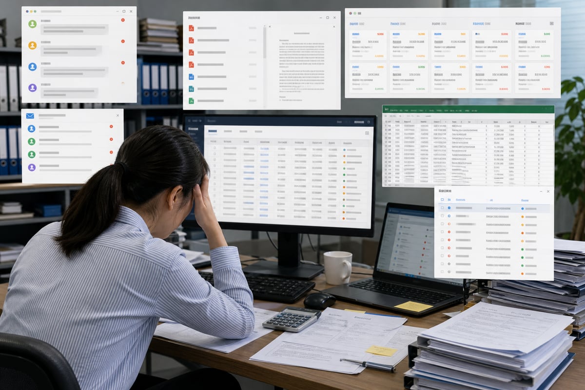 案例示意：财务票据、合同和付款申请散在多个入口里