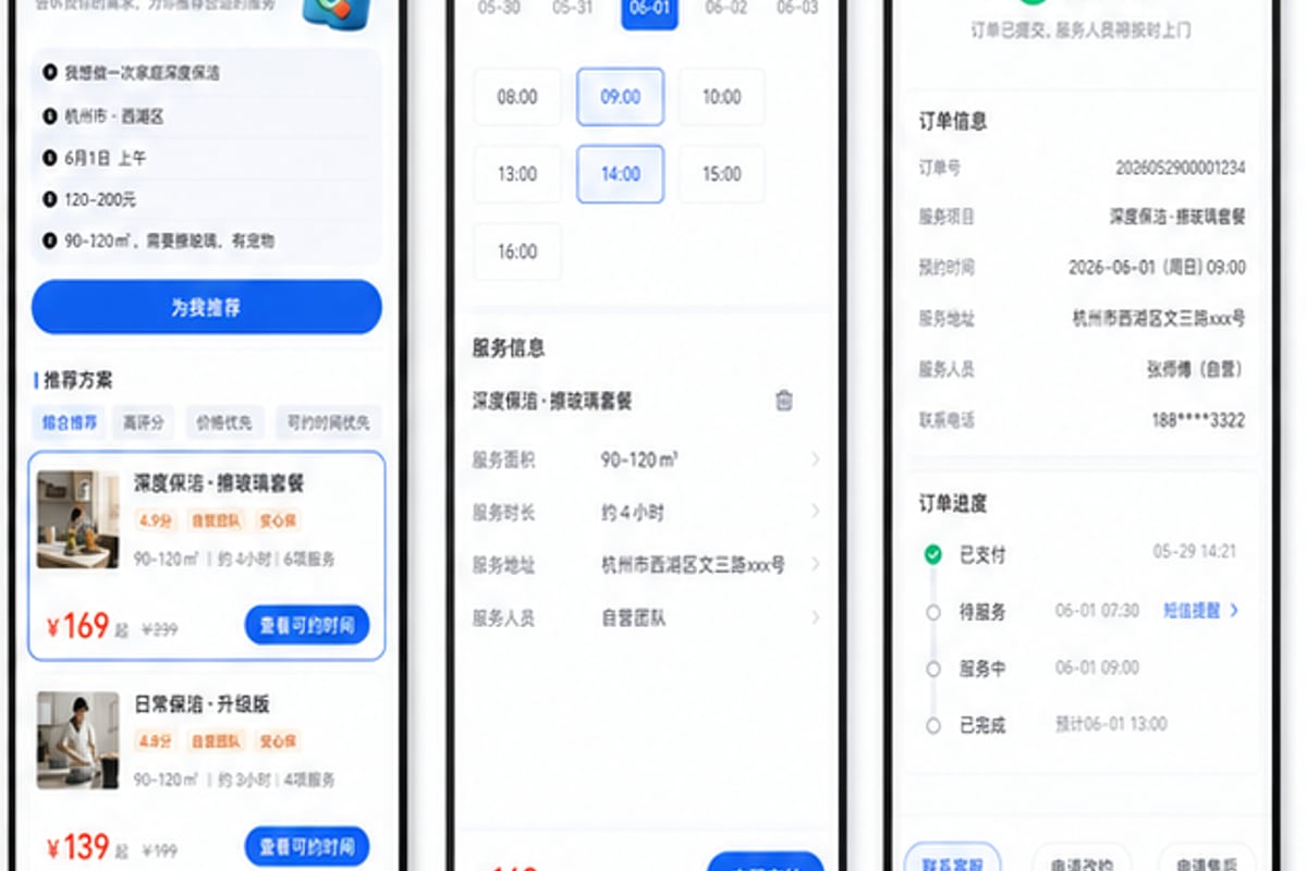 案例示意：AI 推荐卡片、预约确认、支付状态和订单时间线