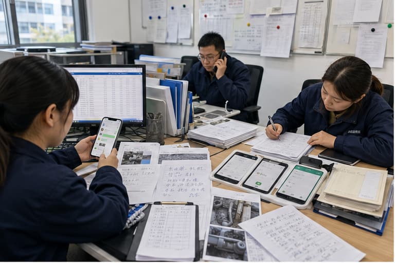 案例示意：物业报修、缴费和通知信息散在微信群、表格和纸质记录里