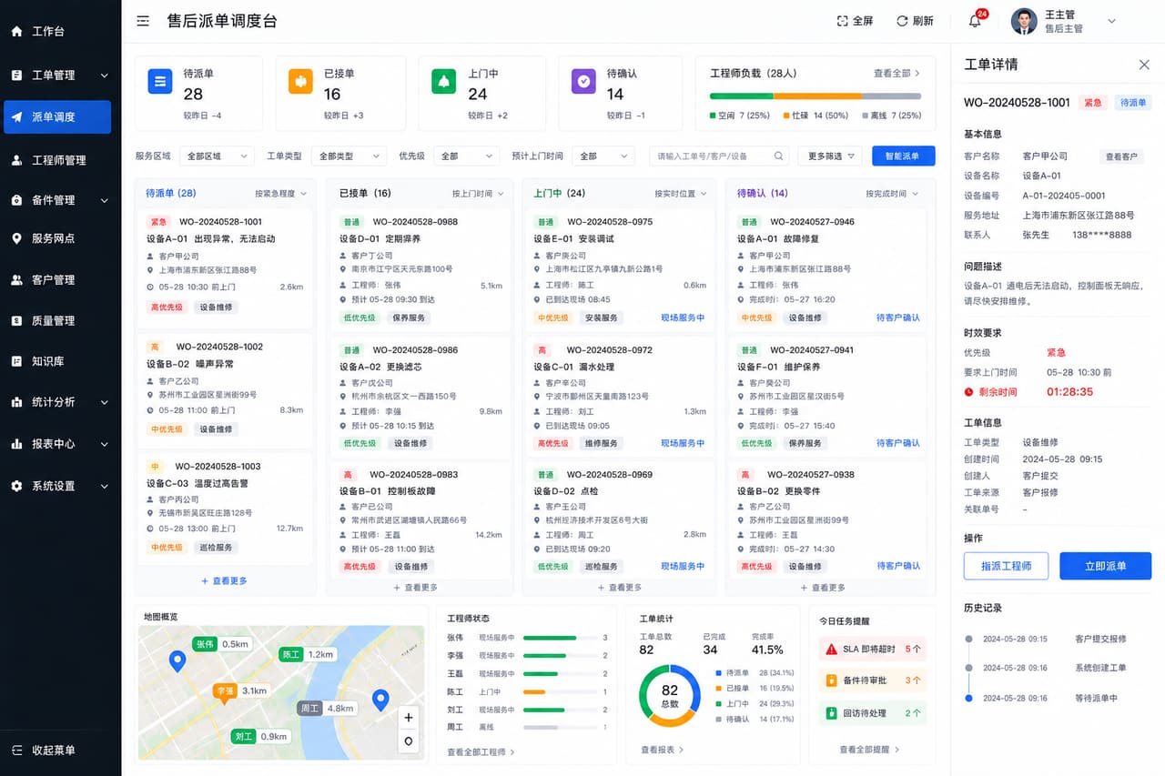 案例示意：派单调度台、工程师负载和区域任务