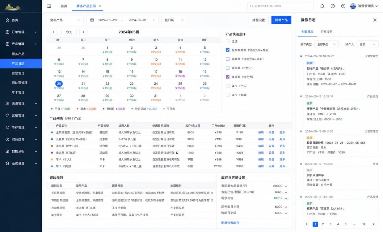 案例示意:票种管理、价格日历、适用日期和退改规则后台