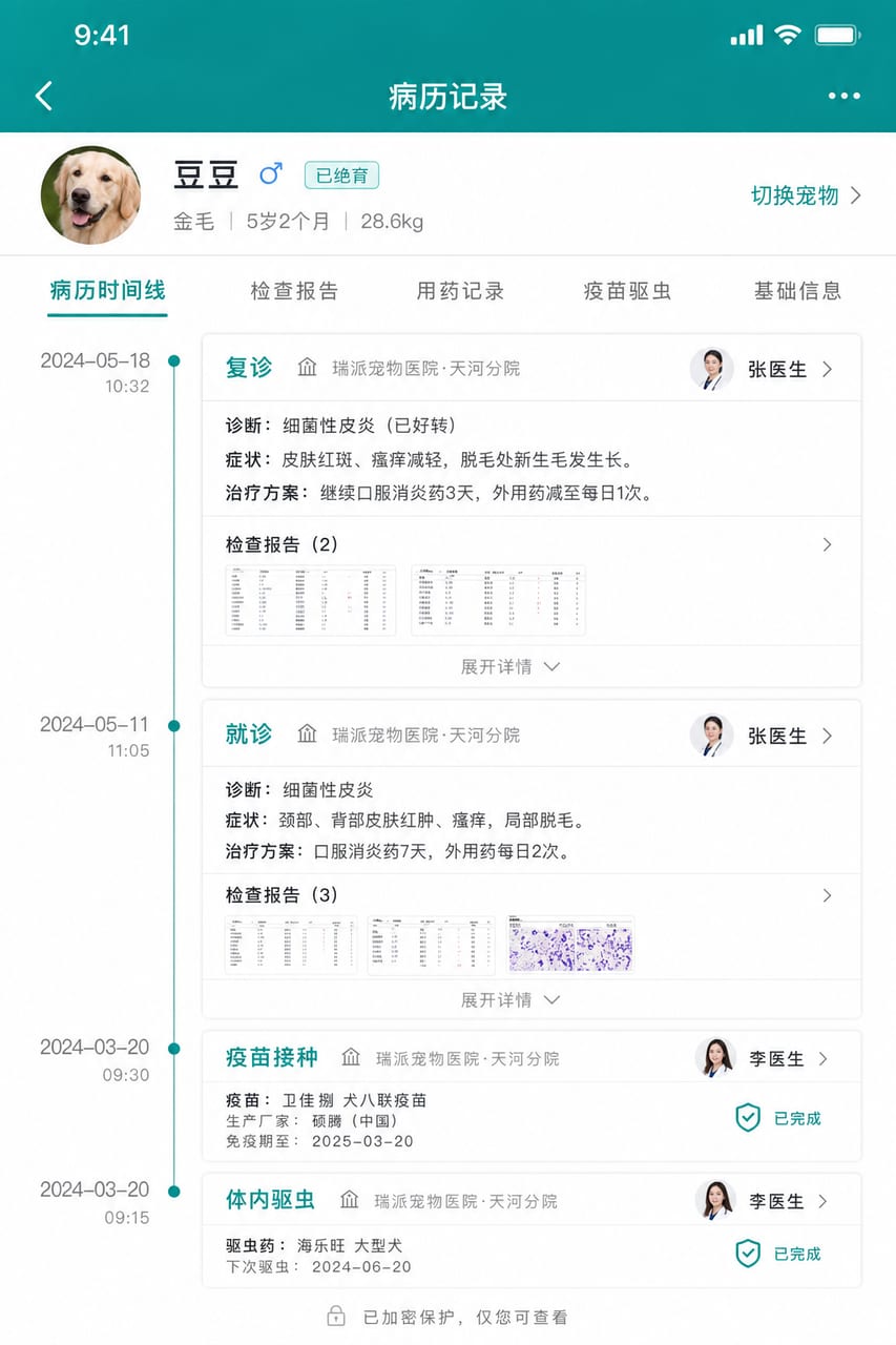 案例示意:宠物诊疗记录时间线、就诊摘要和检查报告