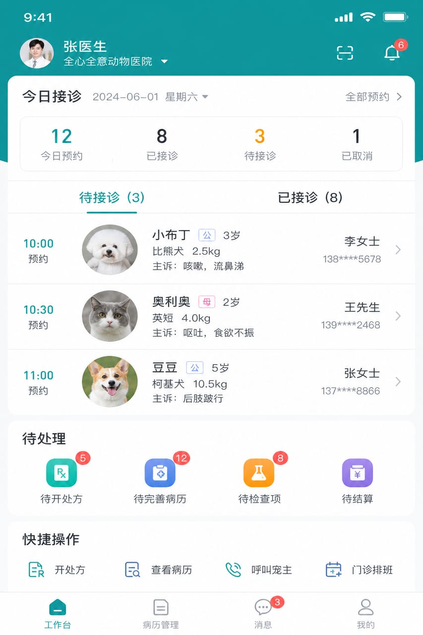 案例示意:医生移动工作台、今日预约、候诊队列和待开处方