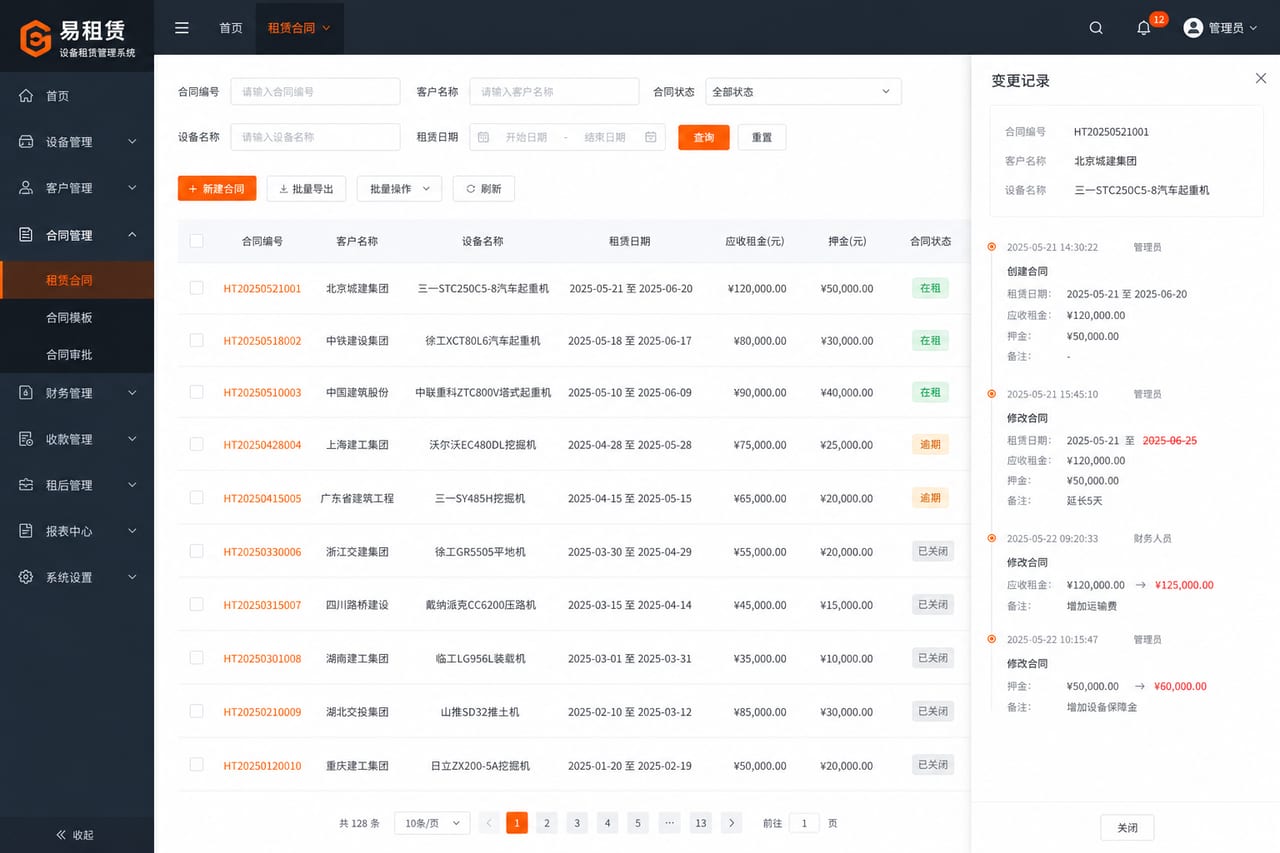 案例示意：租赁合同、租期节点、变更记录和关闭原因后台