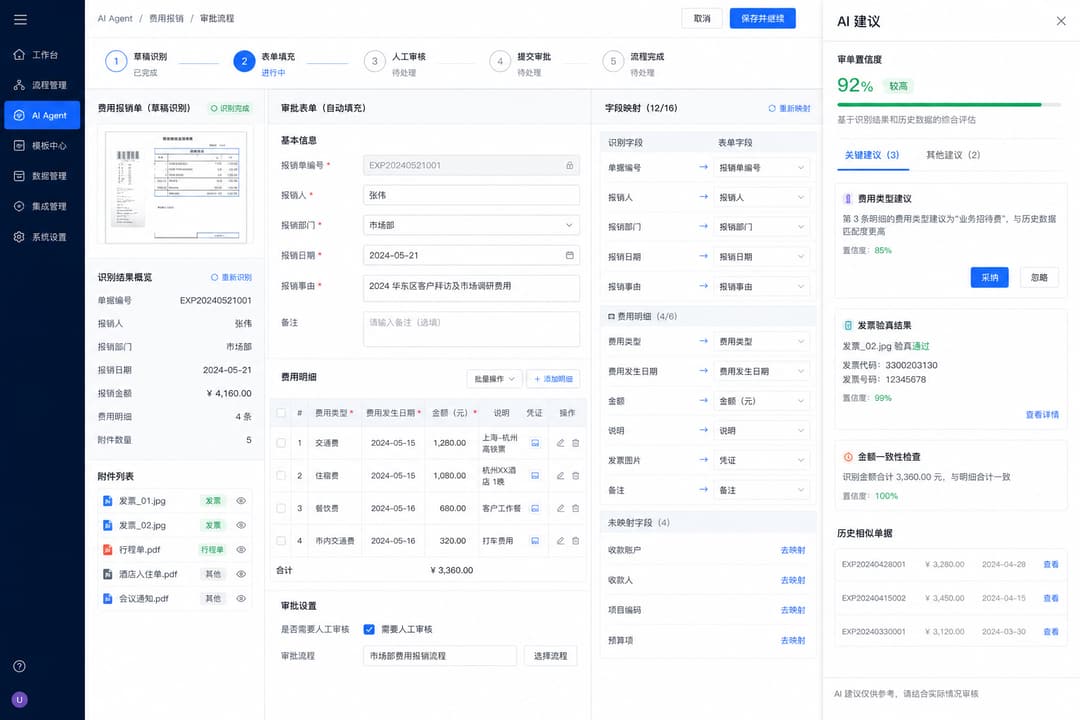 实战示意:填表单型 Agent 草稿生成与人工复核界面