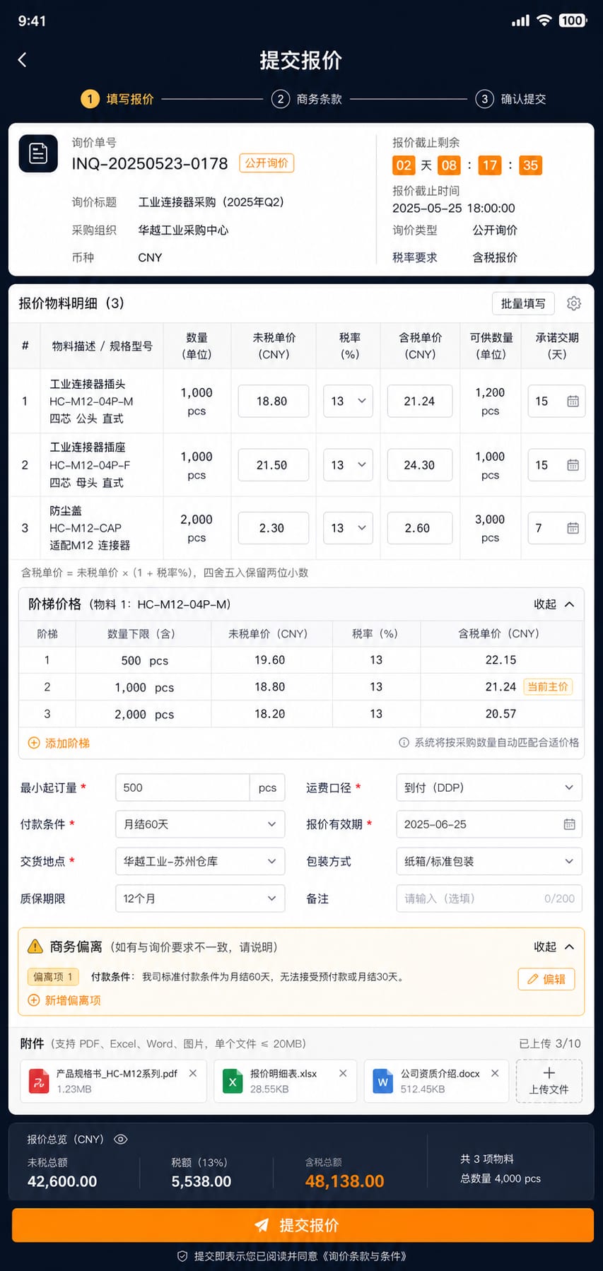 案例示意：供应商报价提交、阶梯价格、交期承诺和商务偏离