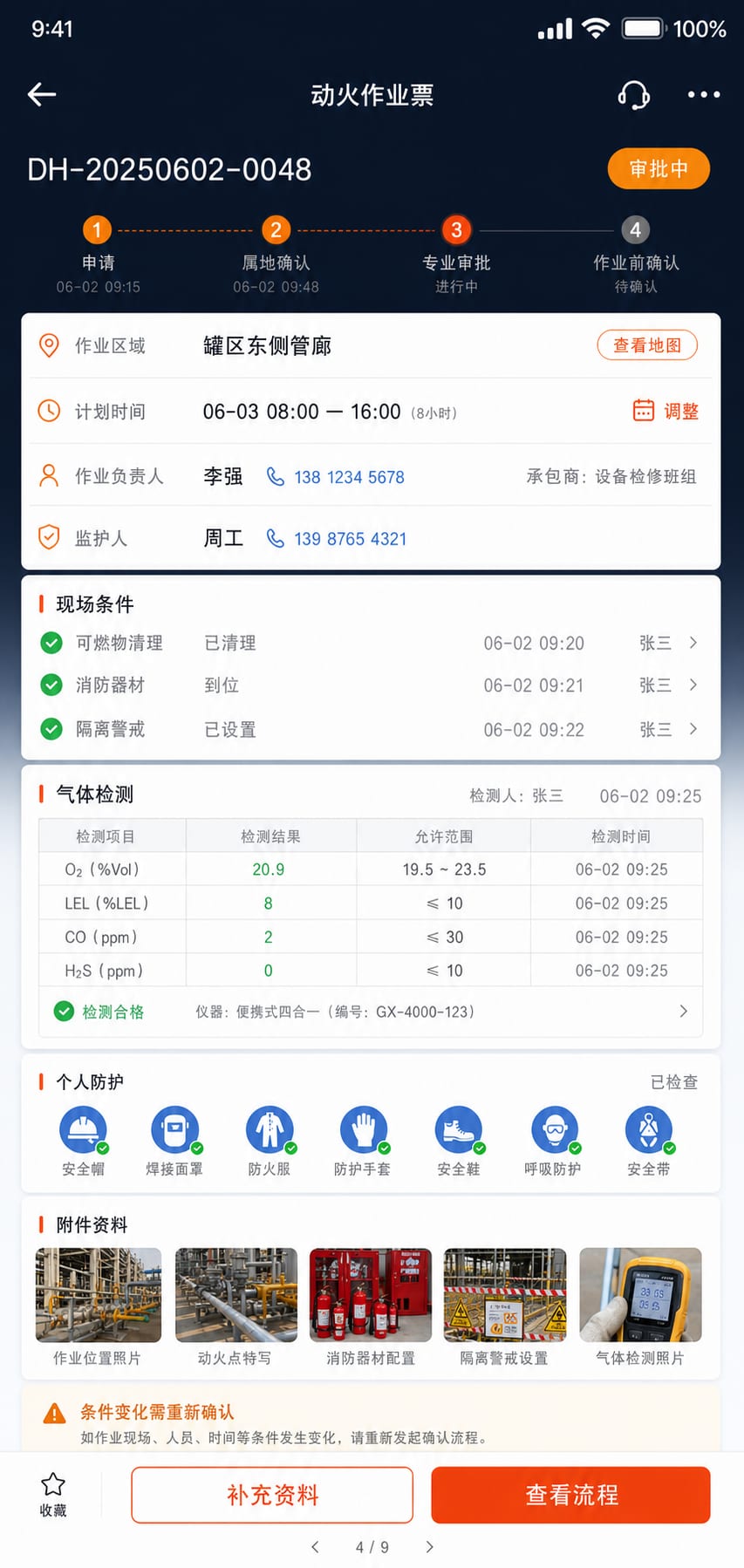 案例示意:特殊作业票申请、现场条件确认、气体检测和审批进度