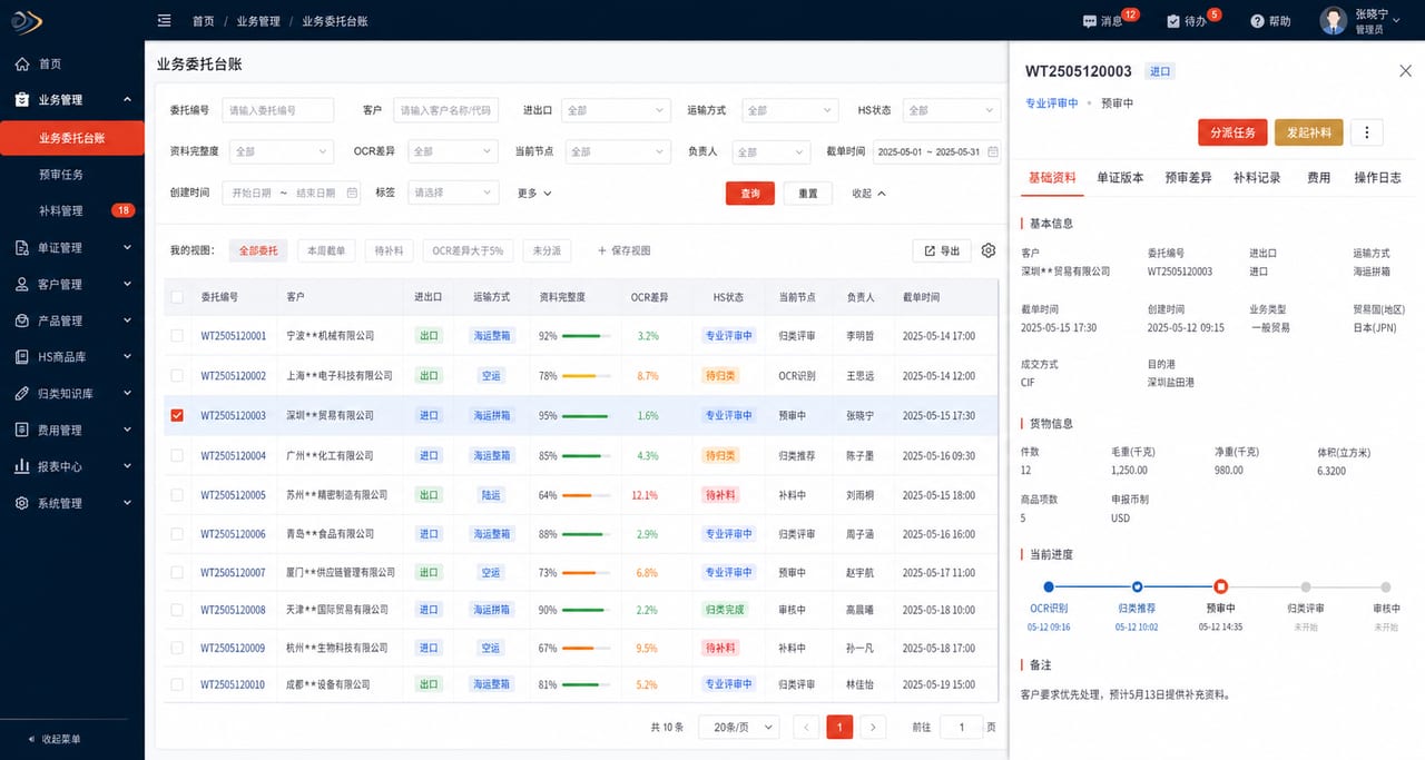案例示意:业务委托台账、筛选条件、状态标签和详情抽屉