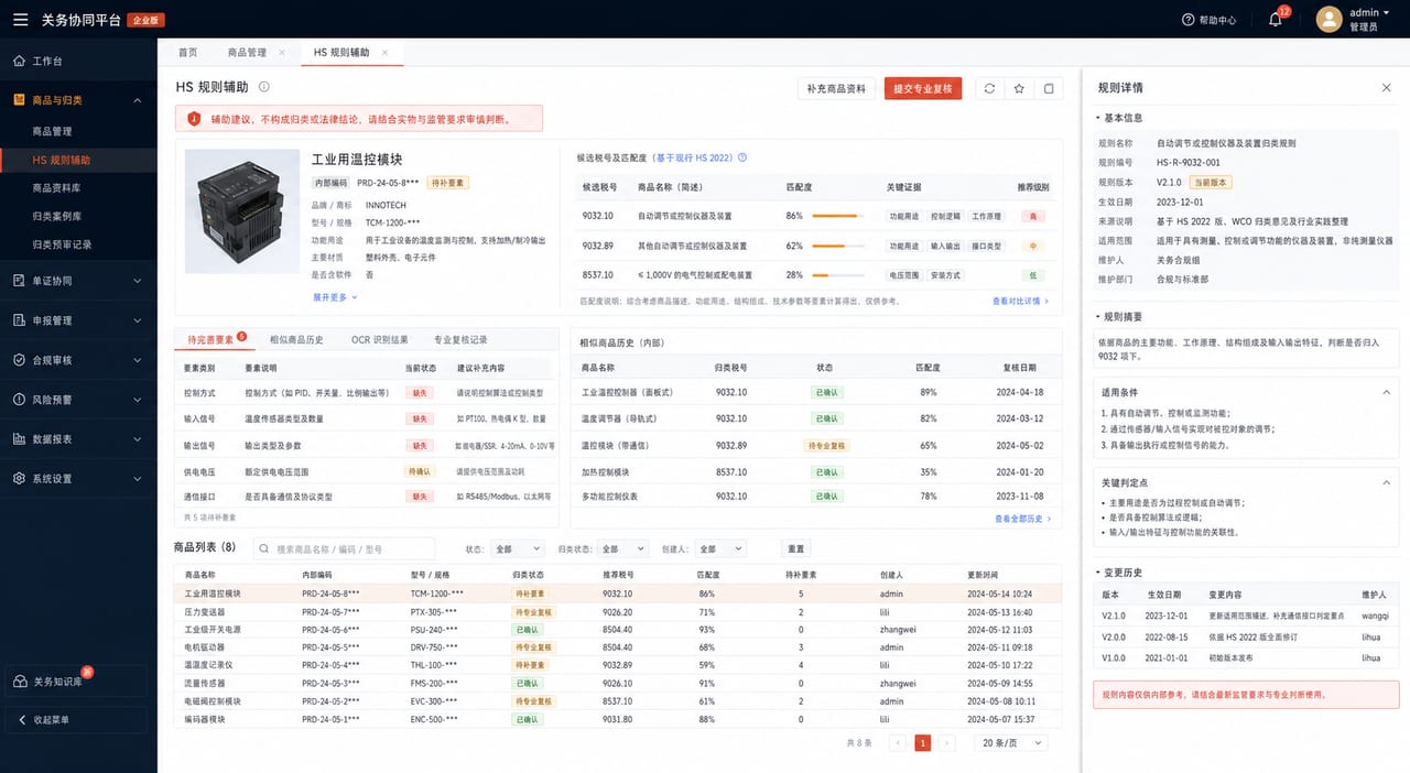 案例示意:HS 规则辅助、候选编码、申报要素、版本和复核意见