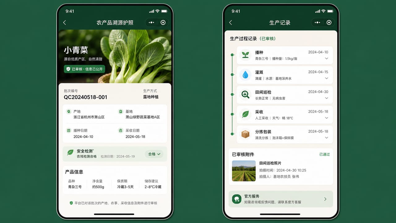 案例示意：农产品批次溯源页、生产时间线、采收信息、公开附件和品牌服务入口