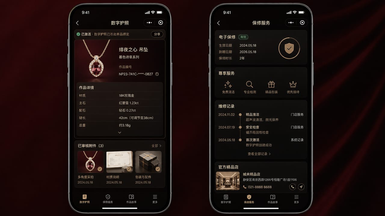 案例示意：高端珠宝数字护照小程序的商品身份、电子保卡、检测附件和官方服务入口