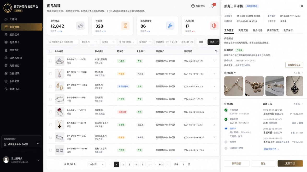 案例示意：珠宝品牌后台的商品主档、一物一码、电子保卡和维修服务工作台