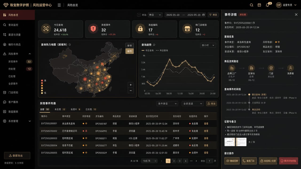 案例示意：珠宝数字护照后台的渠道流转、异常扫码地图、风险事件和审计看板