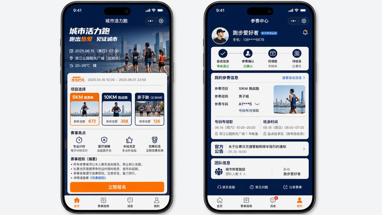 案例示意:体育赛事报名小程序的赛事主页、项目选择、报名状态和参赛者中心